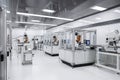 cleanroom, with robots working in tandem to construct or repair complex machinery