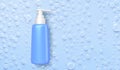 Cleanser for face cosmetics bottle with bubbles or water drops on blue background, 3d render mockup banner. Skin care