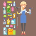 Cleanser woman chemical housework product care wash equipment cleaning liquid flat vector illustration.