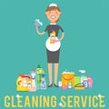 Cleanser woman chemical housework product care wash equipment cleaning liquid flat vector illustration.