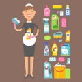 Cleanser woman chemical housework product care wash equipment cleaning liquid flat vector illustration.