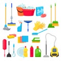 Cleansers and detergent in bottles, house cleaning tools and supplies for housework. Vector isolated design elements Royalty Free Stock Photo