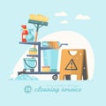 Cleanup colorful poster. Cleaning service 24 hours vector illustration in modern flat design.