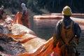 cleanup crew deploying oil containment booms around spill site