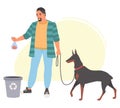 Man throwing dog poop in bag into trash can vector