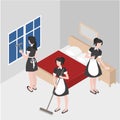 Cleanup in the hotel room. Isometric maid in uniform. Cleaning company staff works. Housework and household
