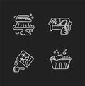 Cleanup service chalk white icons set on black background. Stain removal, floor wet cleaning and furniture dry cleaning Royalty Free Stock Photo