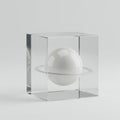 A clear acrylic cube encases a 3D rendering of Saturn, featuring a white sphere with Royalty Free Stock Photo
