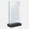 Clear acrylic table tent mockup. Plexiglass sign holder realistic mock-up. QR code, promo poster, menu display counter stand