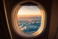 Clear airplane window frames a breathtaking view of the vast sky, stretching endlessly in all directions. A serene blue Royalty Free Stock Photo