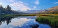 Clear alpine lake reflects a stunning mountain range, surrounded by vibrant greenery under a blue sky. Royalty Free Stock Photo