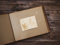 Clear blank photo frames to placed your pictures or text on old family album on wooden board background in retro style Royalty Free Stock Photo