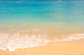 Clear blue ocean water coming onto sandy beach with seafoam