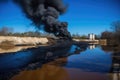 clear blue sky above toxic waste spill, with black smoke rising from the ground Royalty Free Stock Photo