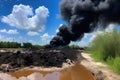 clear blue sky above toxic waste spill, with black smoke rising from the ground Royalty Free Stock Photo