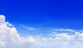 Clear blue sky above white cumulus clouds background panorama, beautiful aerial cloudscape panoramic view, skies backdrop texture Royalty Free Stock Photo