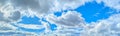 Clear blue sky panoramic background with small white clouds. The varying altitudes of the solitary clouds create a complex picture Royalty Free Stock Photo