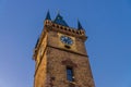 Clear blue sky of Prague, Main tower of the Old Town Hall, City Hall is made in Gothic Style, Prague chimes