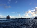 Large passenger ship leaving from Stamsund harbor