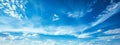 Clear blue sky with white fluffy clouds hanging, skyscape background banner