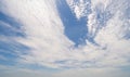 Clear blue sky with white fluffy clouds at noon. Day time. Abstract nature landscape background Royalty Free Stock Photo