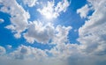 Clear blue sky with white fluffy clouds in summer season at noon time. Abstract nature background