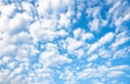 Clear blue sky with white porous clouds. Natural background. Selective focus