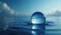 Clear blue sphere rests on rippling water surface. Soft clouds drift in the distant sky reflecting on calm ocean. Pure liquid Royalty Free Stock Photo