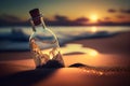 Clear bottle on the beach against sunset sky, AI-generated image