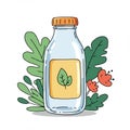 A clear bottle with an orange cap features a yellow label displaying a green leaf. The Royalty Free Stock Photo