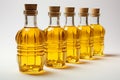 A clear bottle of rice bran oil against a stark white background