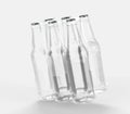 Clear bottles in plastic wrap, six soda or beer blank glass angle view. Realistic mockup of empty drink bottles with Royalty Free Stock Photo