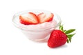 Clear bowl of strawberry yogurt with fresh berries over white Royalty Free Stock Photo