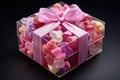 A clear box filled with various types of mouthwatering candy treats, Translucent gift box filled with Valentine Day candies, AI