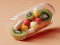 Colorful capsule filled with realistic fruit and dietary supplements on a peach background