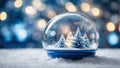 Clear Christmas bauble revealing a magical snowy forest scene, AI-generated.