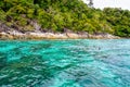 Clear and clean blue-green sea and the tourist are snorkeling