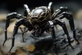 A clear close-up image of a spider seen in great detail as it perches on top of a rock, Genetically modified robotic black spider