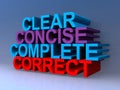 Clear concise complete correct on blue