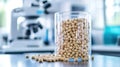 clear container filled with small, brown pellets is placed on laboratory table, with microscope in blurred background, suggesting Royalty Free Stock Photo
