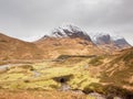 Clear creek stream water flowing over granite stones. Snowy mountains in heavy clouds