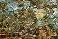 Clear creek water with stones at the bottom. Background of stones. Pebbles under water texture. Underwater in spring water, close-