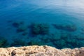 Clear crystal blue sea water and rocks on the bottom. The view from the top. Beautiful view of the Mediterranean sea in Cyprus on Royalty Free Stock Photo