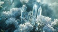 Clear crystal formations surrounded by delicate white flowers, soft light, serene environment Royalty Free Stock Photo