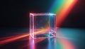 Clear cube refracts rainbow light against dark background. Abstract prism effect with vibrant colors and reflections. Geometric Royalty Free Stock Photo