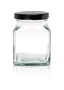 Clear cubic glass bottle with black aluminum cap