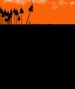 Clear cutting forests, use or abuse of natural resources is the topic of this illustration. Silhouetted trees, one being cut down