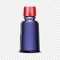 Clear dark blue glass blank bottle with red screw cap on transparent background. Cosmetic or medical product packaging Royalty Free Stock Photo