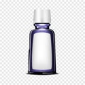 Clear dark blue glass bottle with white label and screw plastic cap on transparent background. Cosmetic or medical product package Royalty Free Stock Photo