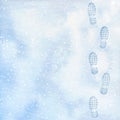 Clear deep footprints on white winter snow of a pair of boots. Track in snow. Overhead view. Texture of snow surface